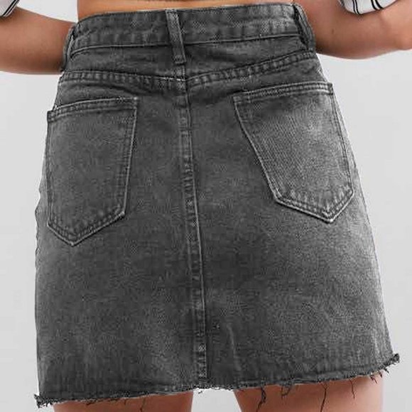 Denim Washed Off Black Mini Skirt Fringe Trim Small Dark Grey Gray Mini Skirt - Picture 6 of 6